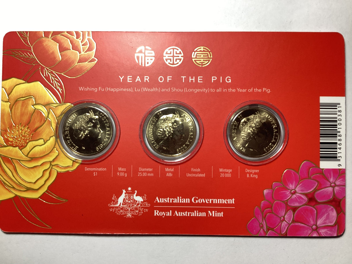 2019 $1 Year of the Pig Uncirculated Three Coin Set