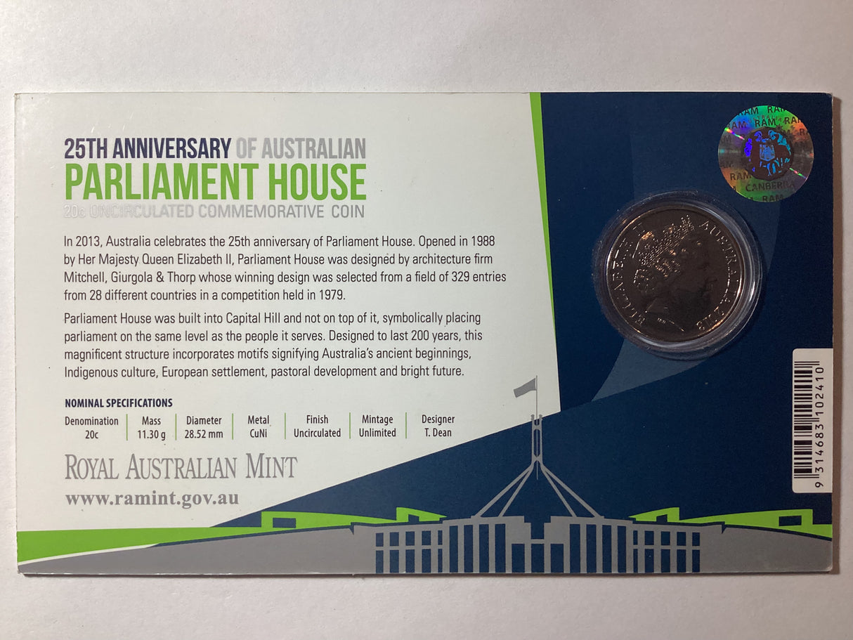 2013 20c 25th Anniversary of Australian Parliament House Carded Coin