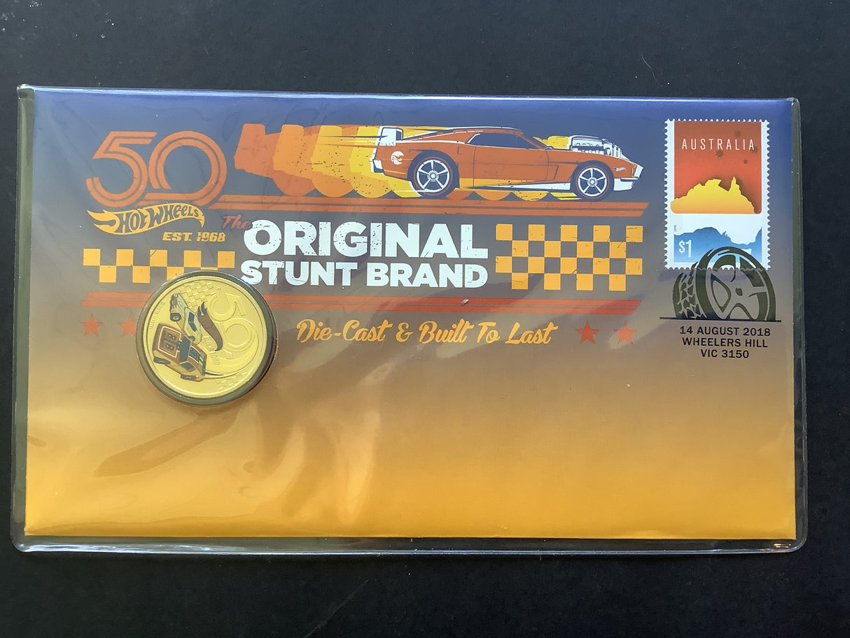 2018 50th Anniversary Hot Wheels PNC with coloured $1 Coin.