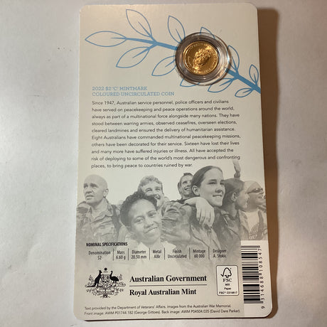 2022 $2 Peacekeeping 'C' Mintmark Uncirculated Carded Coin