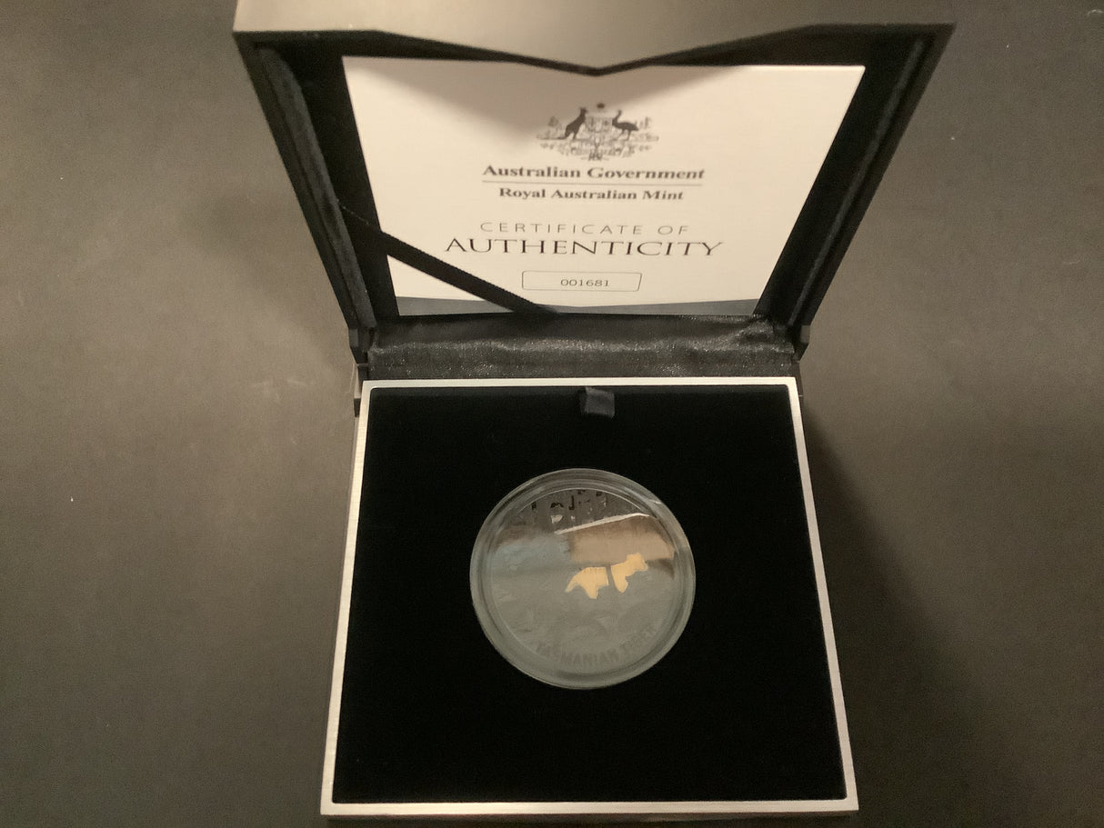 2019 Echoes of Australian Fauna Tasmanian Tiger $5 Plated Silver Proof Coin.