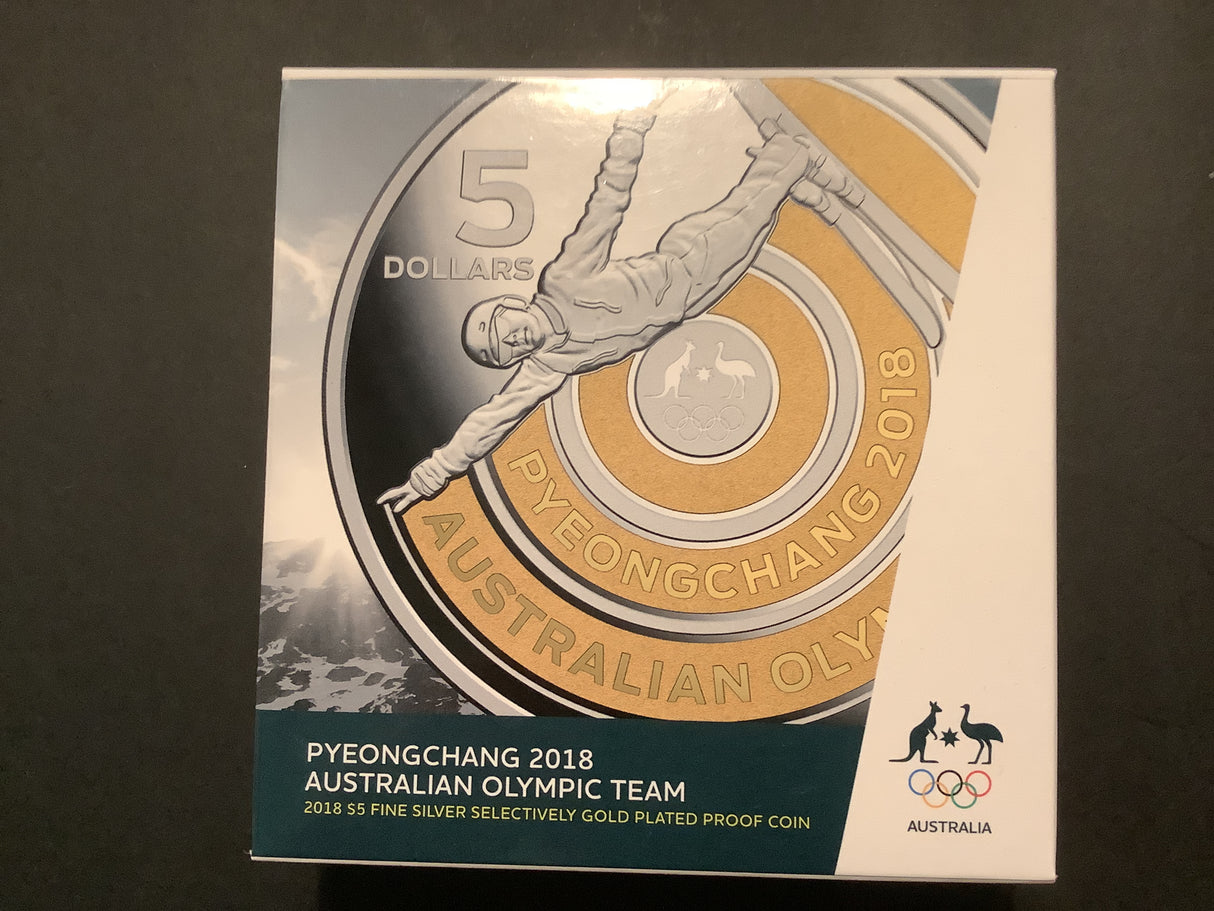 2018 Australian Olympic Team. $5 Silver Selecively Plated Gold Proof Coin.