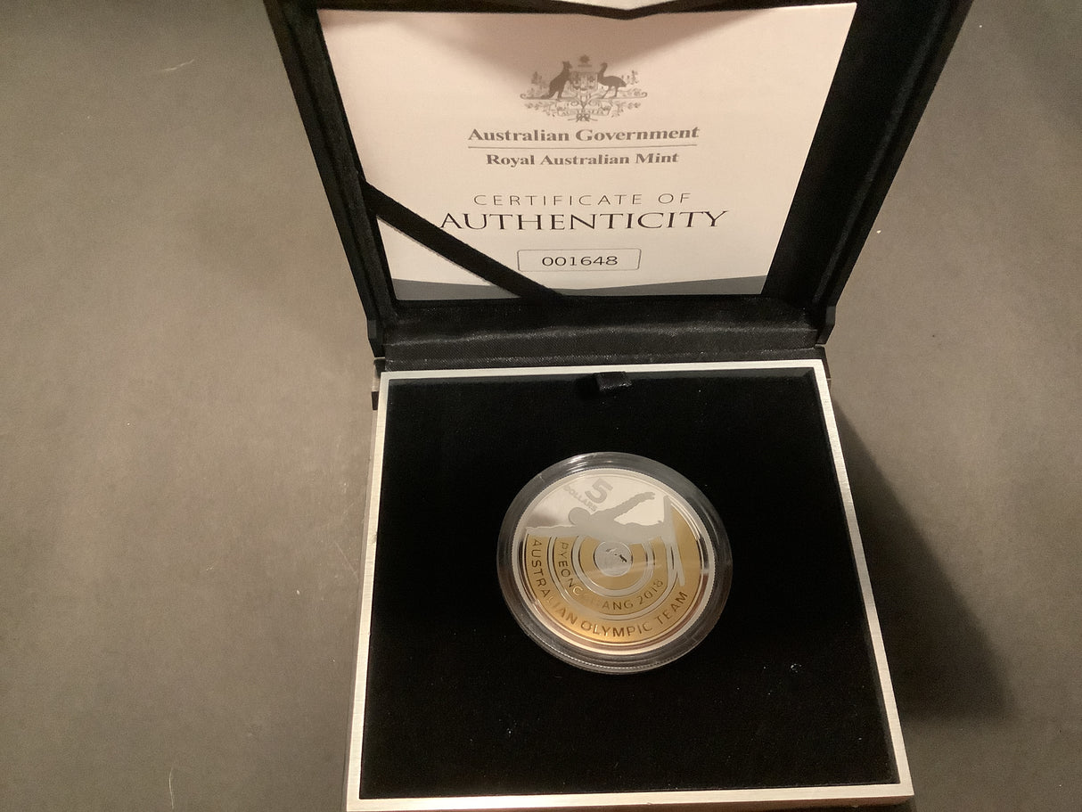 2018 Australian Olympic Team. $5 Silver Selecively Plated Gold Proof Coin.