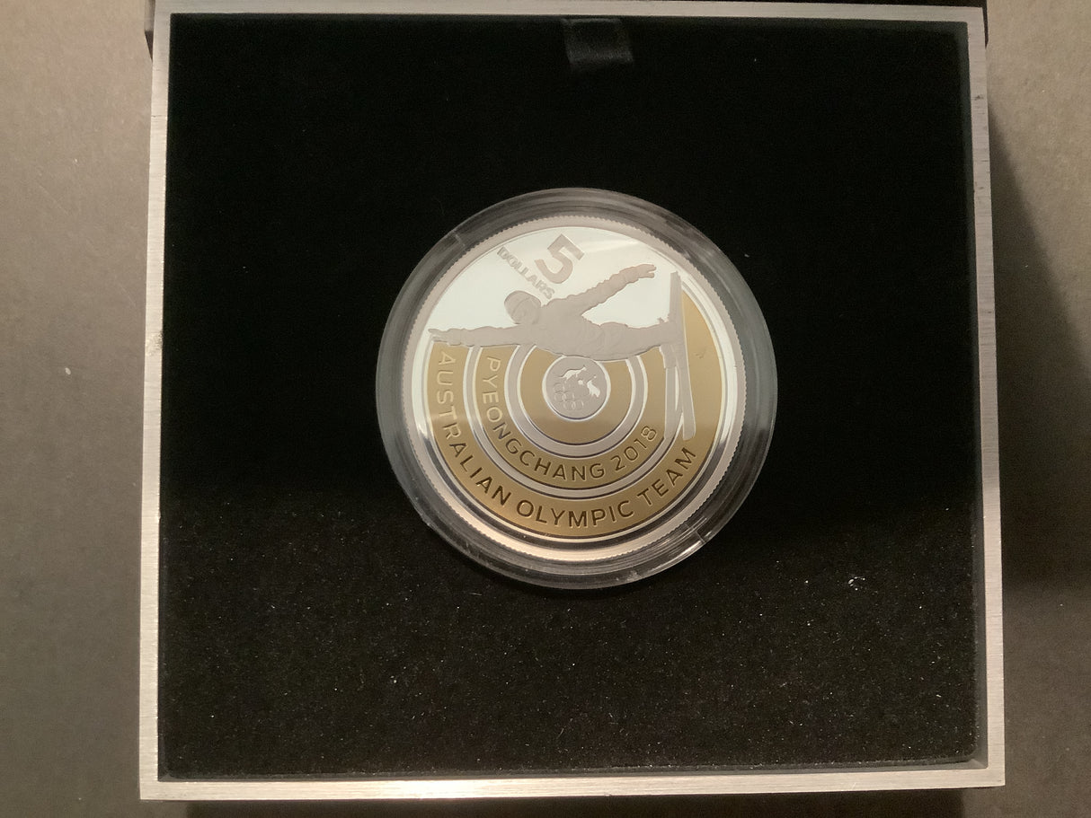 2018 Australian Olympic Team. $5 Silver Selecively Plated Gold Proof Coin.