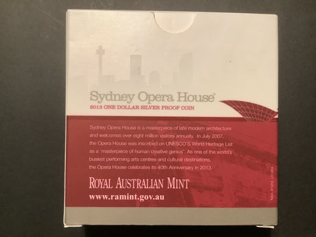 2013 $1 Silver Proof Coin. 40th Anniversary Sydney Opera House.