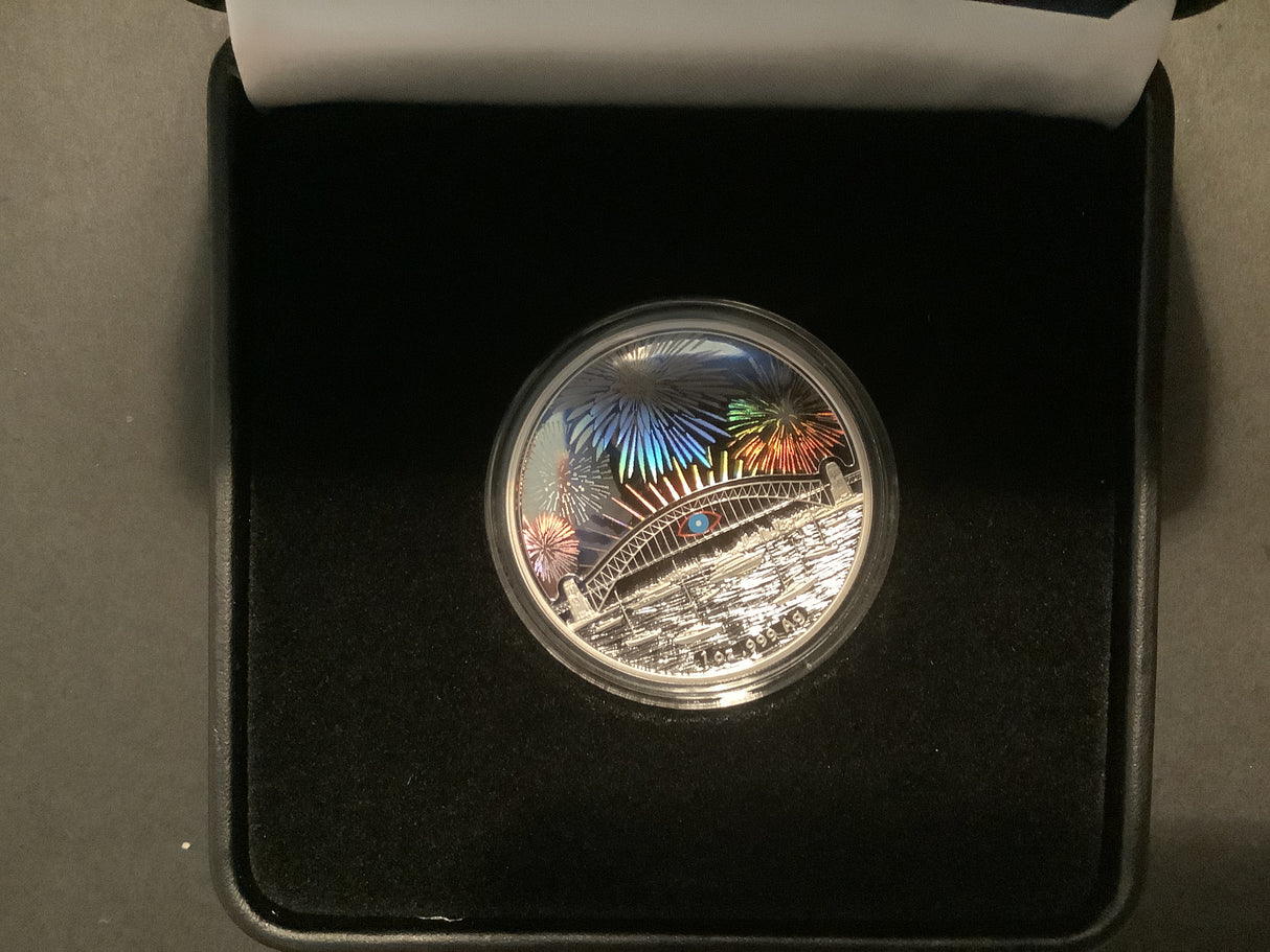 2014 $1 Holographic Silver Proof Coin. Sydney NYE Fireworks.