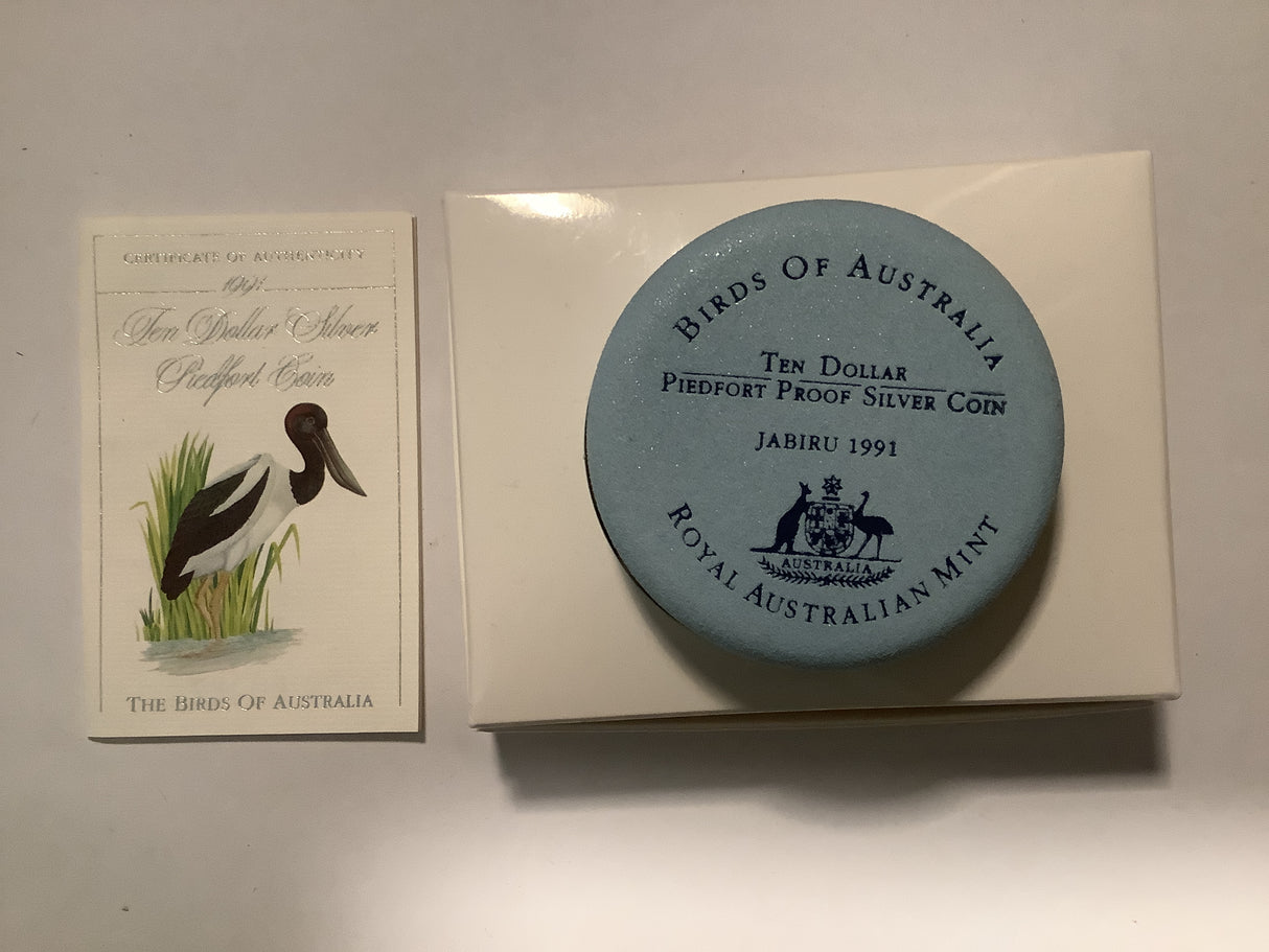 1991 $10 Silver Proof Piedfort Coin. The Birds of Australia. Jabiru