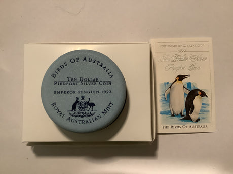 1992 $10 Silver Piedfort Coin. The Birds of Australia. Emperor Penguin