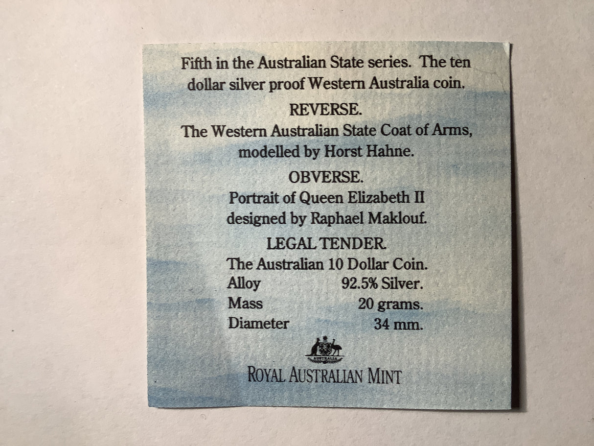 1990 $10 Silver Proof Coin. State Series. Western Australia.