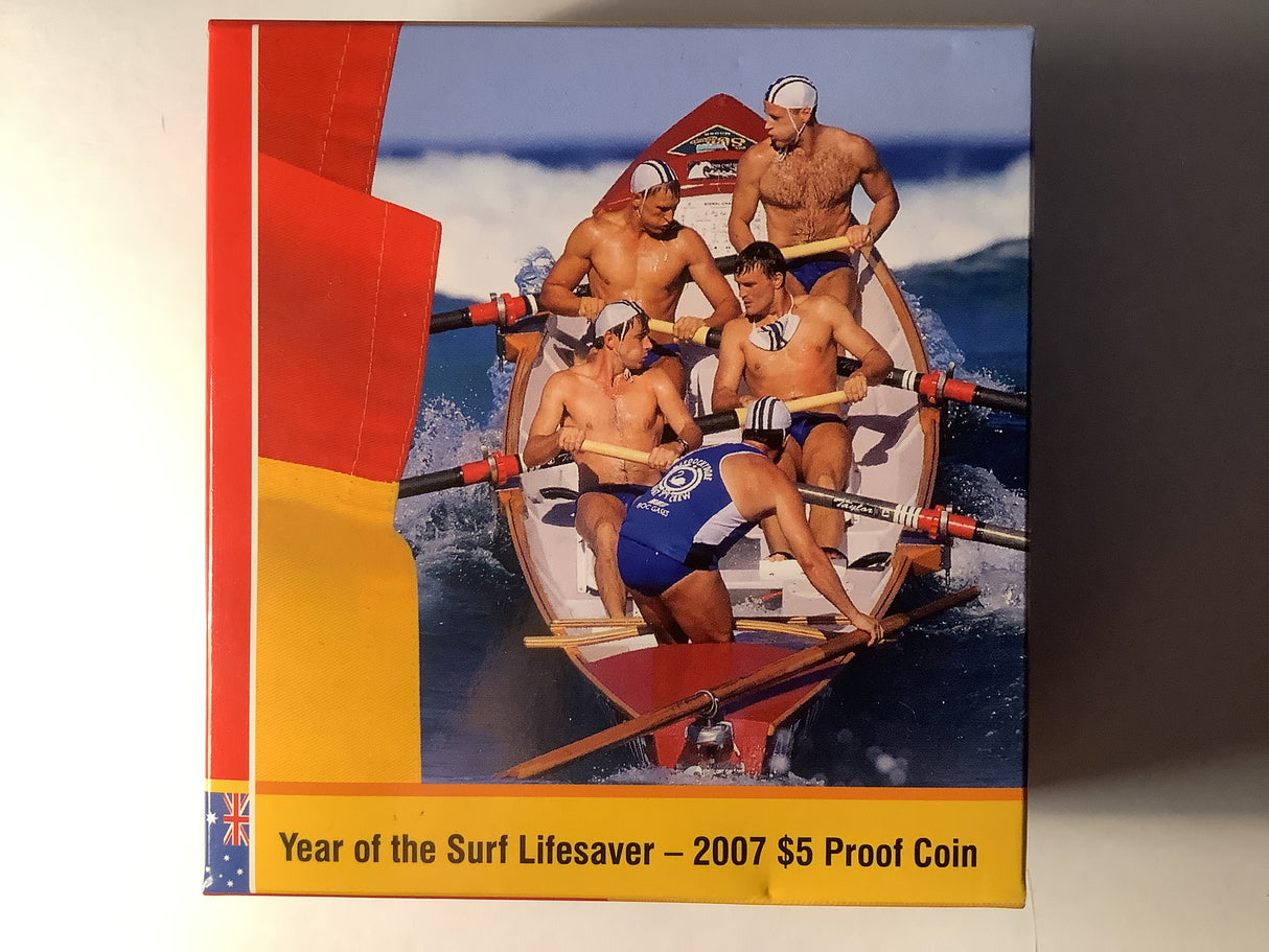 2007 $5 Year of the Surf Lifesaver Silver Proof Coin.