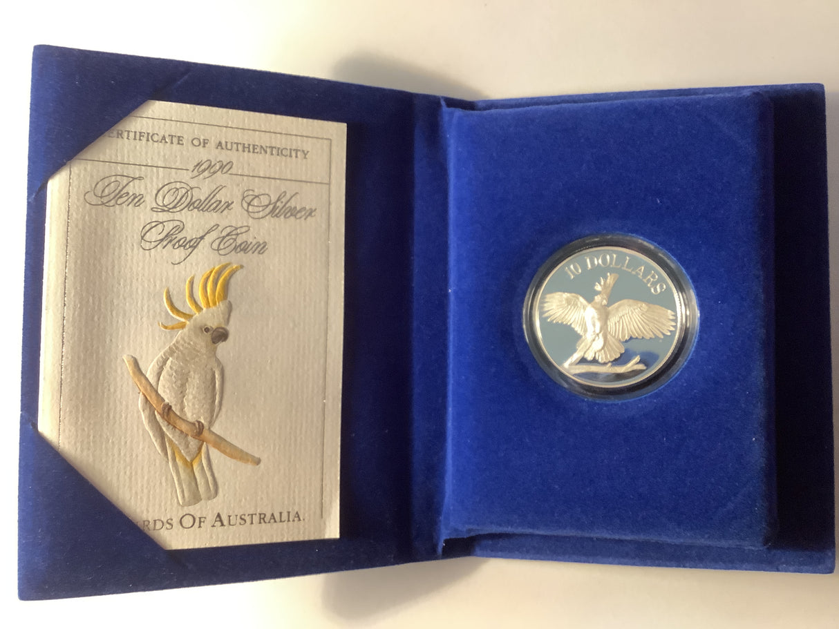 1990 $10 Silver Proof Coin. Birds of Australia Cockatoo.