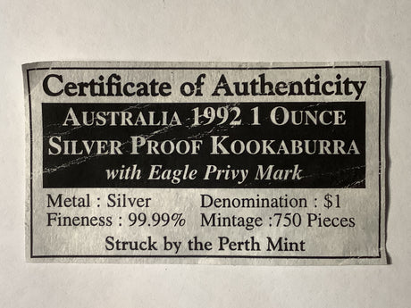 1992 $1 Silver Proof Kookaburra with Eagle Privy Mark.