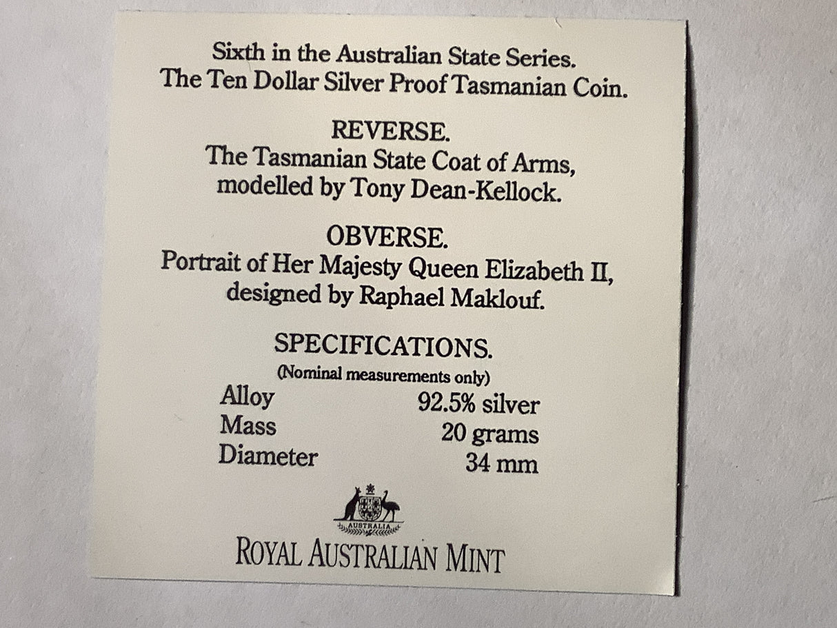 1991 $10 Silver Proof Coin. State Series Tasmania.