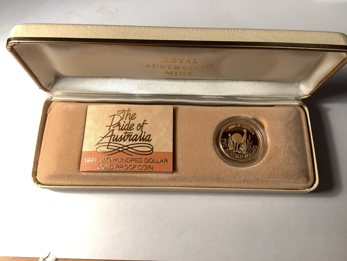 1991 $200 The Pride of Australia Proof Gold Coin. Emu.