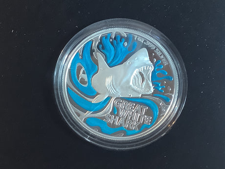 2022 Great White Shark $5 Coloured Silver Proof Coin. Mintage 1000.