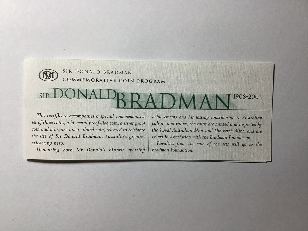 2001 Sir Donald Bradman Commemorative Coin Program. 3 coin Bi-metal Set.