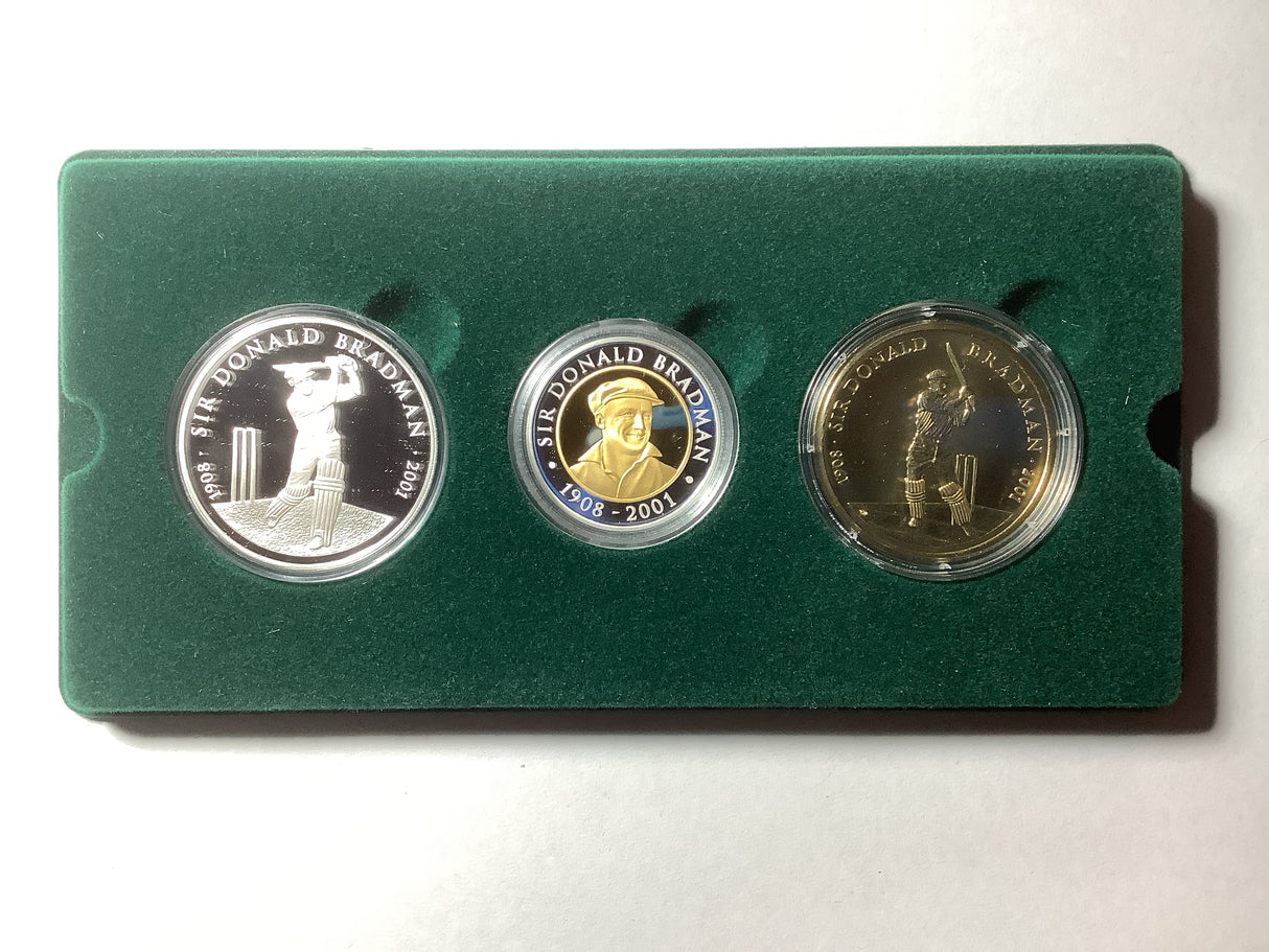 2001 Sir Donald Bradman Commemorative Coin Program. 3 coin Bi-metal Set.