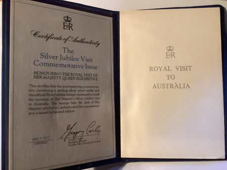 1977 Silver Jubilee Visit. Sterling Silver Medal and Stamps.