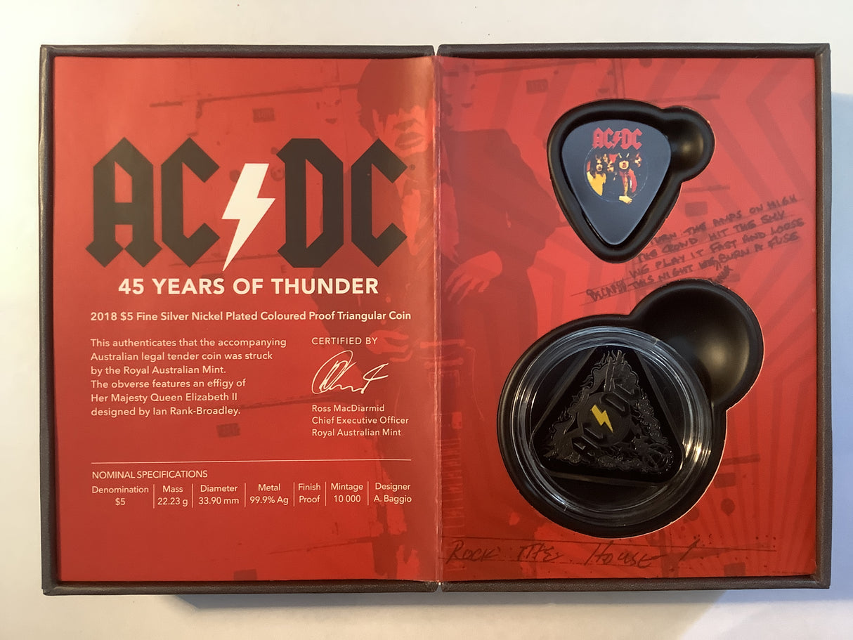 2018 $5 Fine Silver Nickel Plated Coloured Triangular Coin. ACDC 45 Years of Thunder.