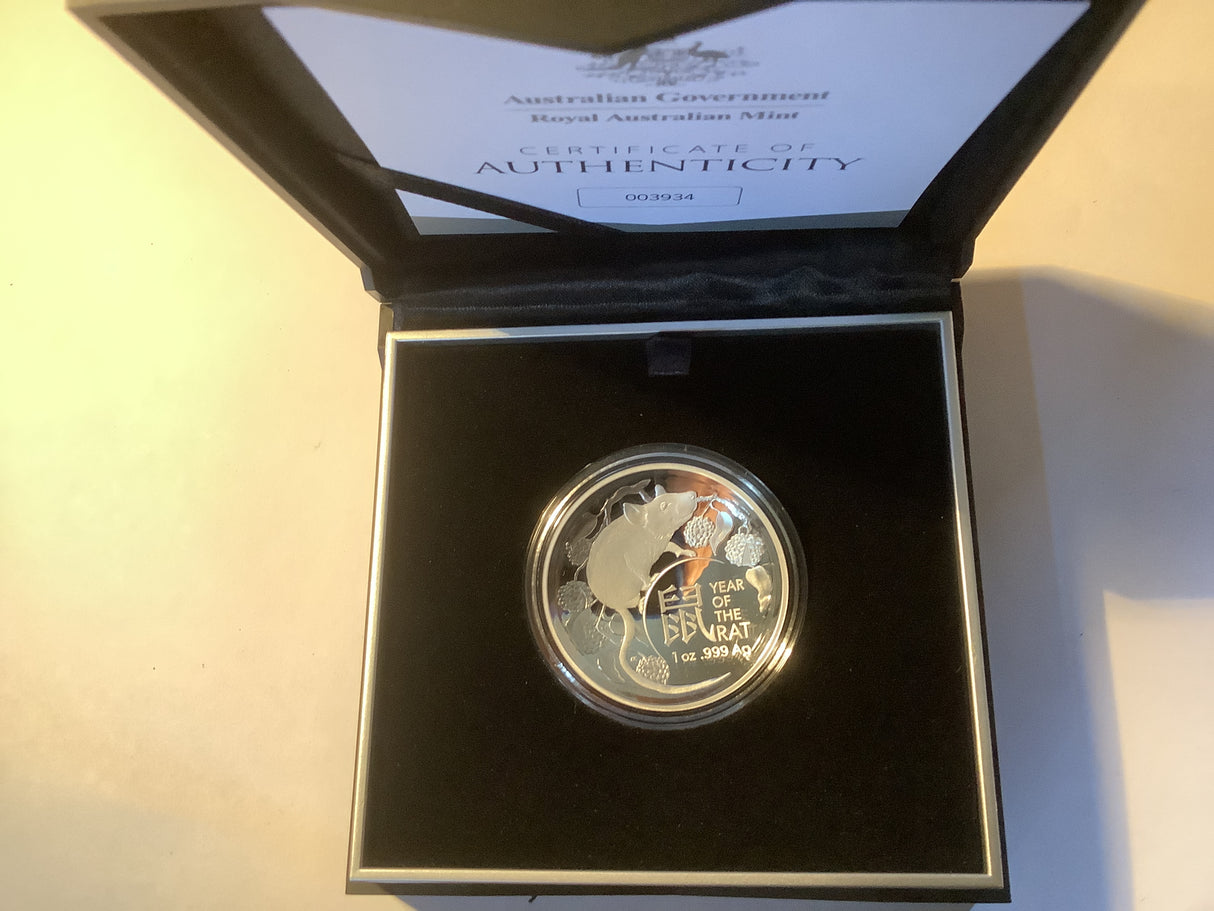 2020 $5 Lunar Series. Year of the Rat Silver Proof Domed Coin.