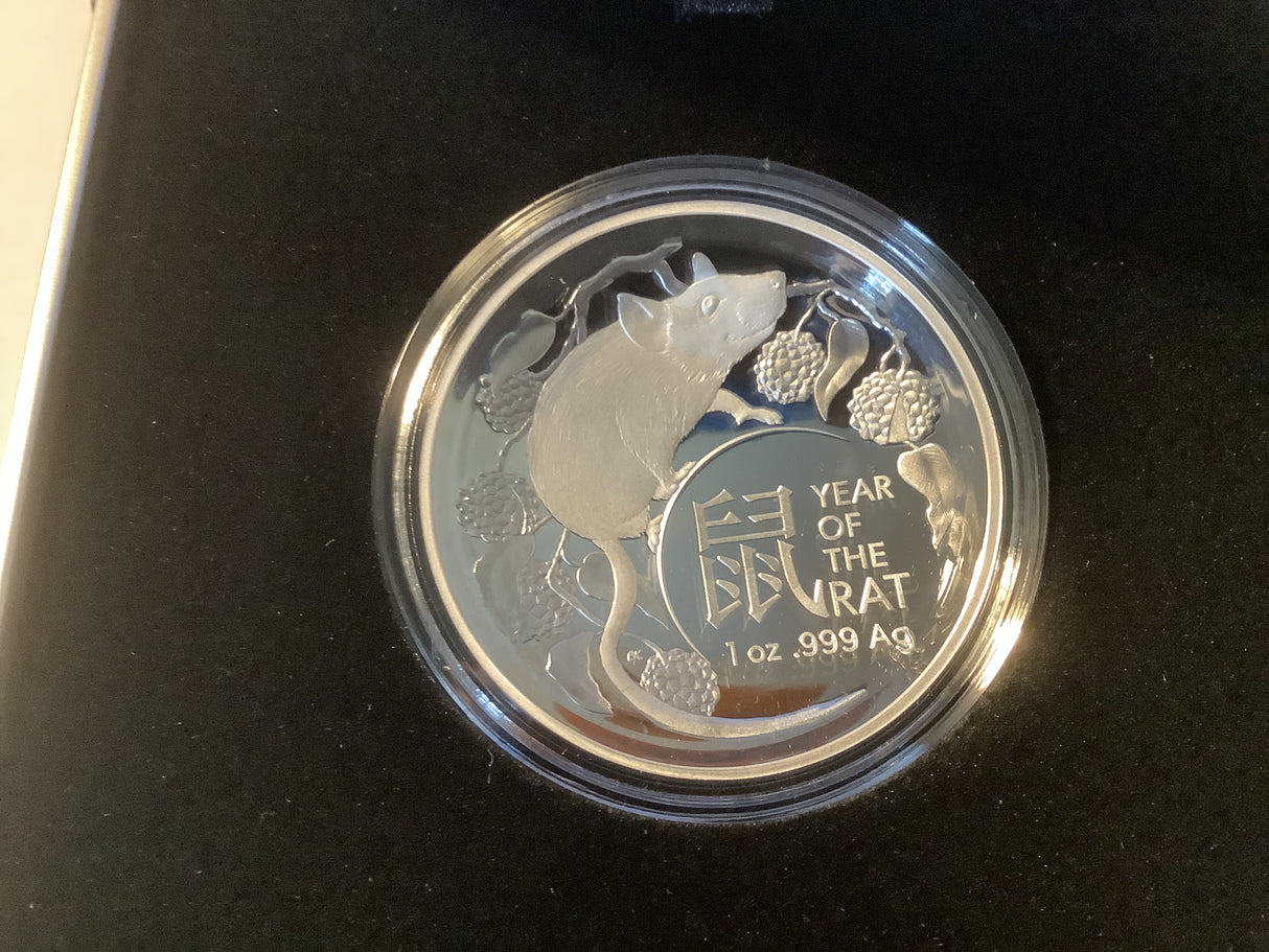 2020 $5 Lunar Series. Year of the Rat Silver Proof Domed Coin.