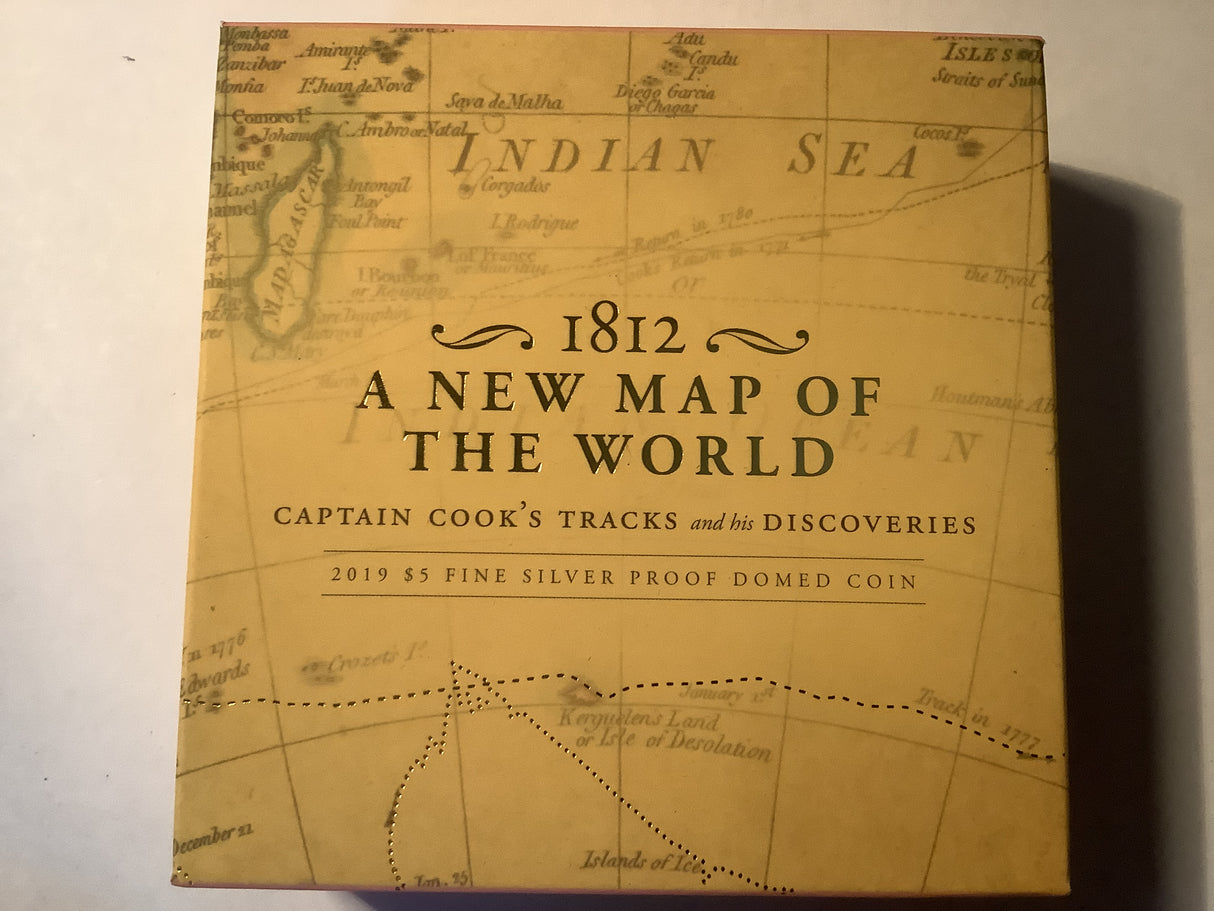 2019 $5 Silver Proof. 1812 A New Map of the World. Captain Cook’s Tracks and His Discovery.