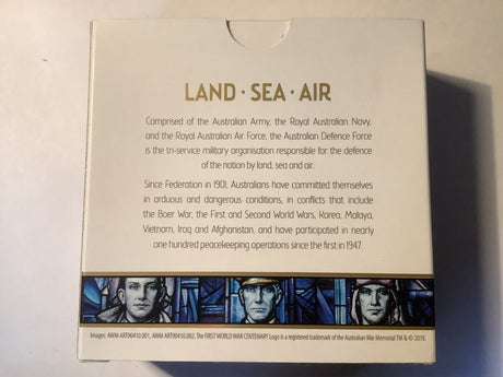 2018 $5 Coloured Fine Silver Proof Triangular Coin. Australian Defence Forces. Land, Sea and Air.