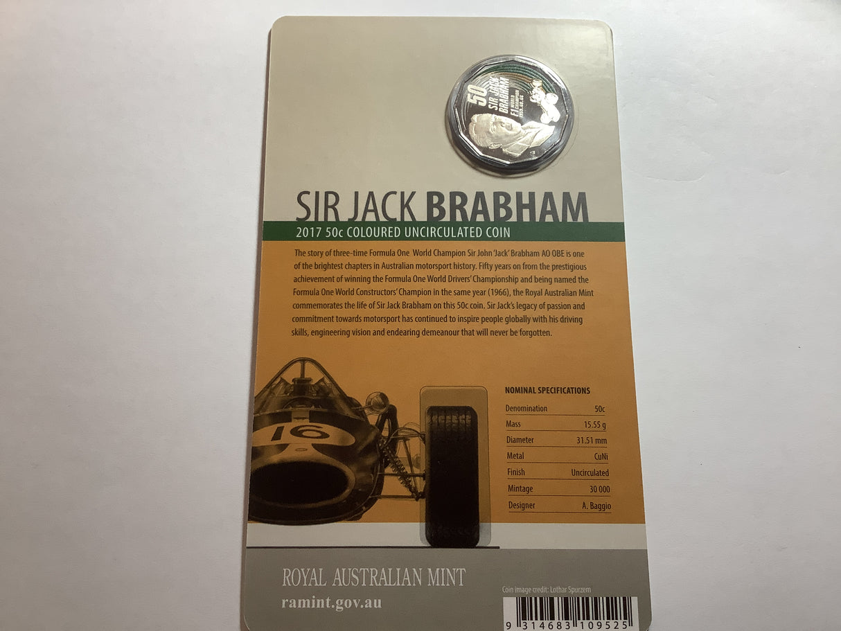 2017 50c Sir Jack Brabham carded coin