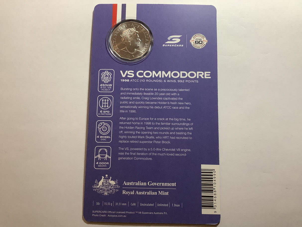 2020 50c 1998 Holden VS commodore uncirculated carded coin