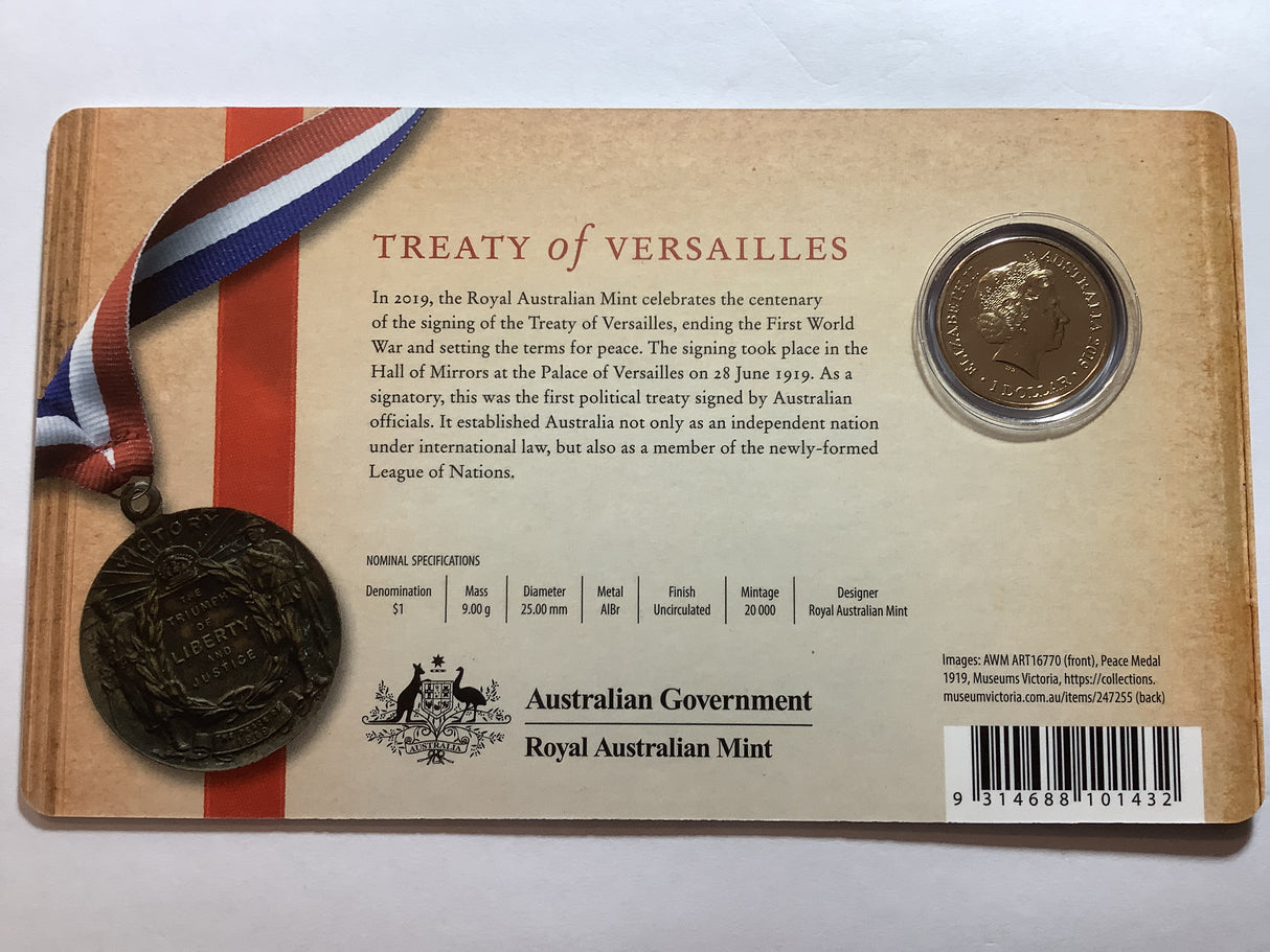 2019 $1 Treaty of Versailles. Uncirculated carded coin