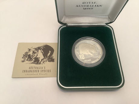 1998 $10 Australia's Endangered Species. Hairy Nose Wombat Silver Proof Coin