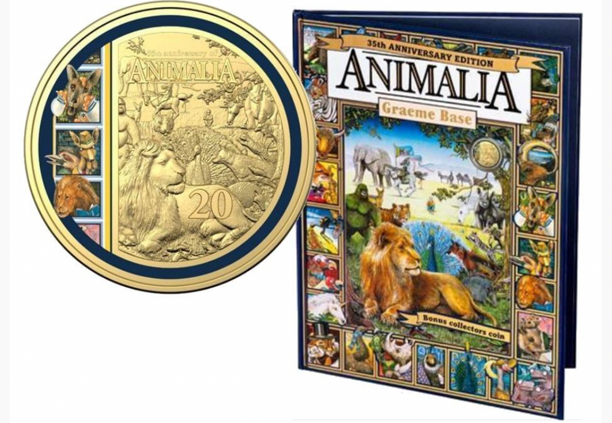 2021 35th Anniversary of Animalia 20c Gold-Plated Uncirculated Coin and Book.