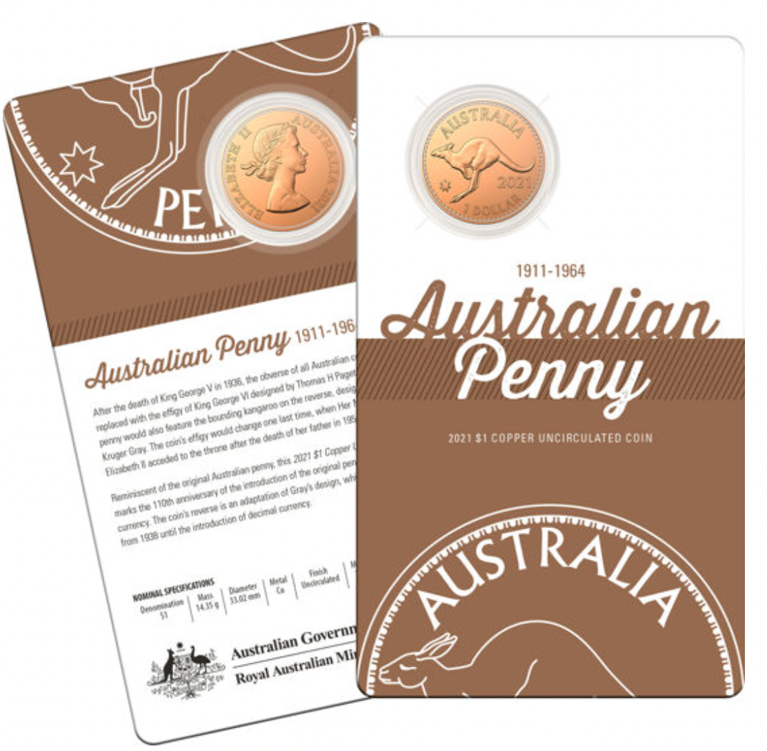 2021 110th Anniversary of the Australia Penny: $1 Copper Two-Coin Set.