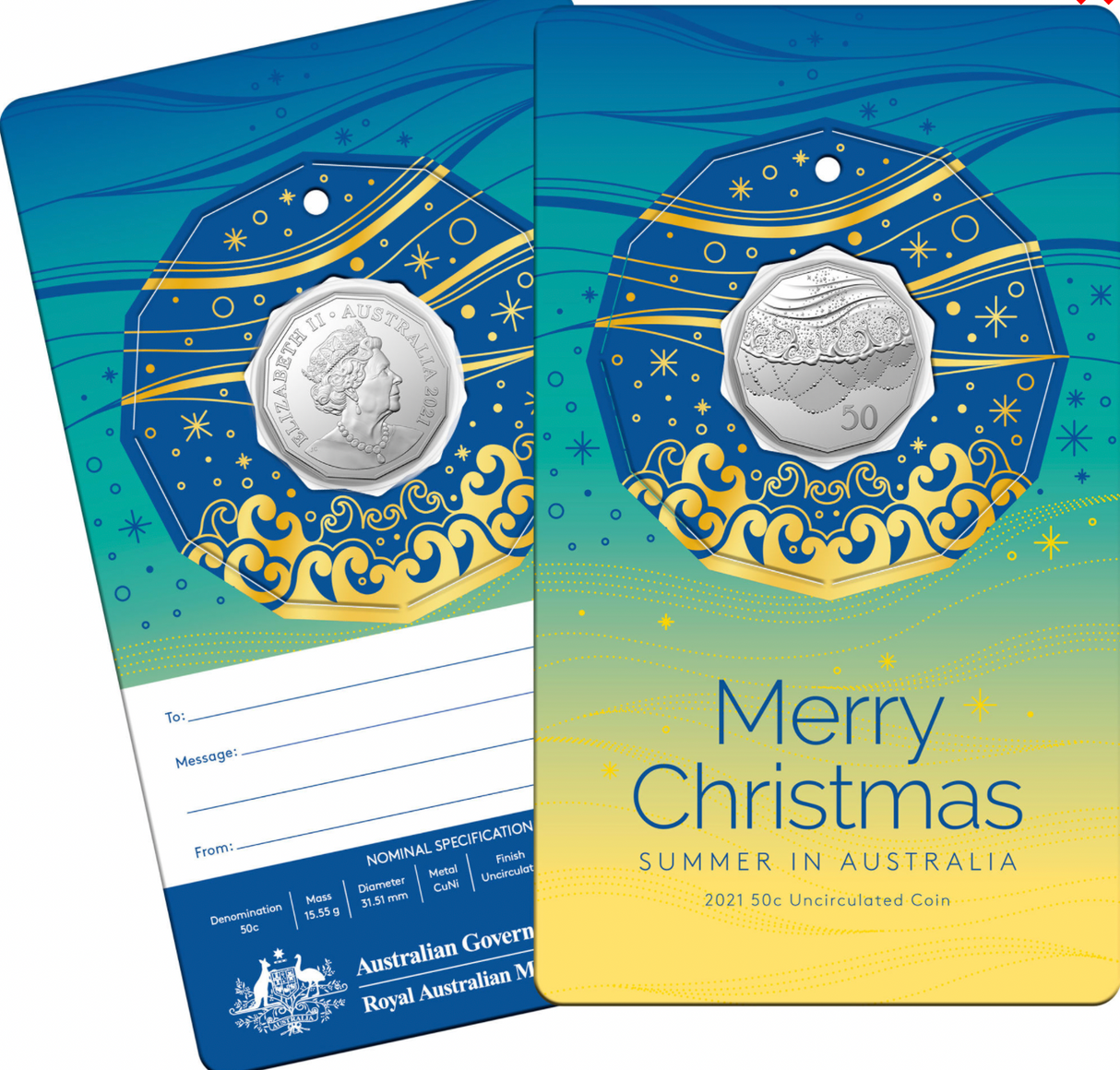 2021 50c Uncirculated Coin: Christmas Decoration. Random Colour.