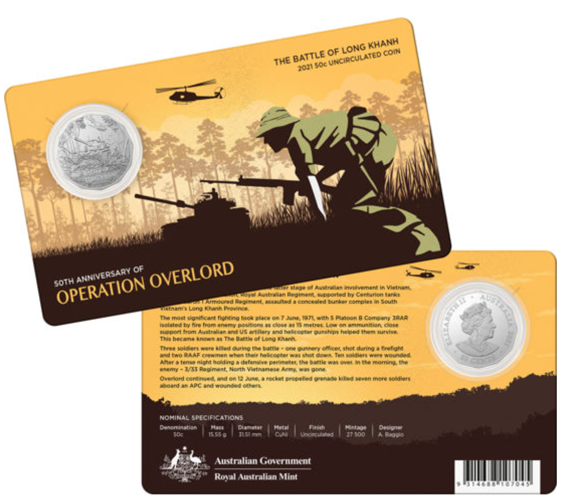 2021 50c Carded Coin. 50th Anniversary of the Battle of Long Khanh. Operation Overlord.