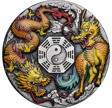 2022 Dragon & Qilin 2oz Silver Antiqued Coloured Coin.